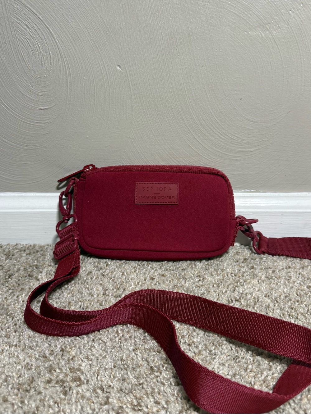 Sephora x Dagne Dover Mara Phone Sling Burgundy Neoprene Crossbody Bag LE